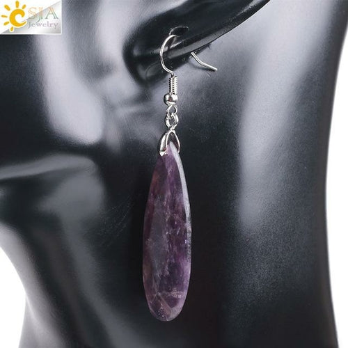 CSJA Natural Stone Earrings Reiki Gem Stone Beads Dangle Hook Drop