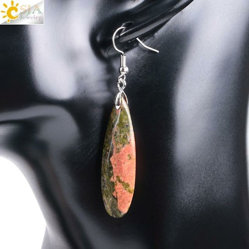 CSJA Natural Stone Earrings Reiki Gem Stone Beads Dangle Hook Drop