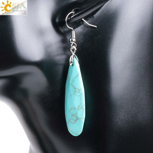 CSJA Natural Stone Earrings Reiki Gem Stone Beads Dangle Hook Drop