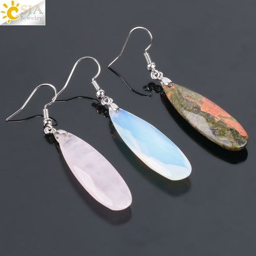 CSJA Natural Stone Earrings Reiki Gem Stone Beads Dangle Hook Drop